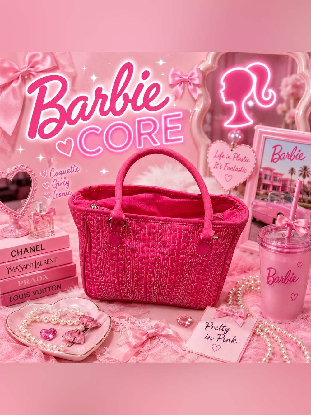 Hot Pink Quilted Cable Knit Medium Satchel Tote Handbag Purse